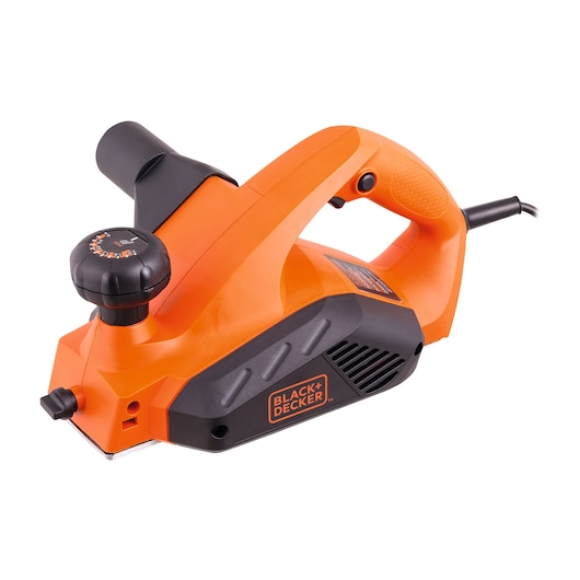 BLACKDECKER 7698 orange and black electric hand planer, side angle, white background.
