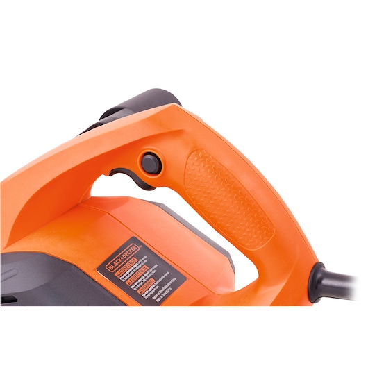 BLACKDECKER 7698 orange power tool handle with textured grip, close-up on white background.