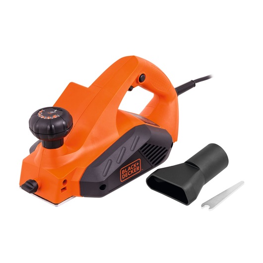 Photo of BLACK+DECKER 7698 electric hand planer, orange and black, with dust adapter and wrench, front angle.