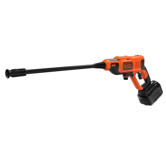 BLACKDECKER BCPC20D1 cordless pressure washer, orange and black, side view on white background.