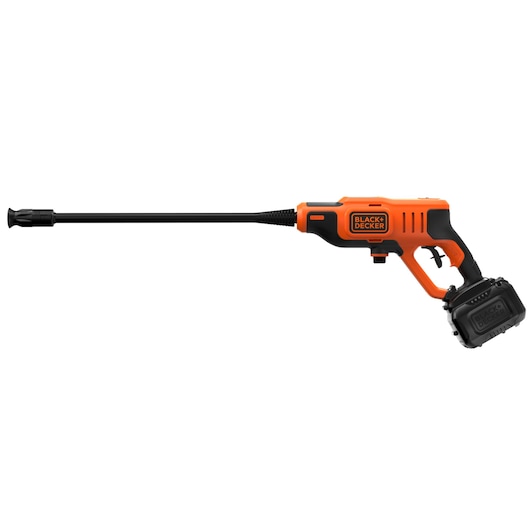 BLACKDECKER BCPC20D1 cordless pressure washer, orange and black, side angle on white background.