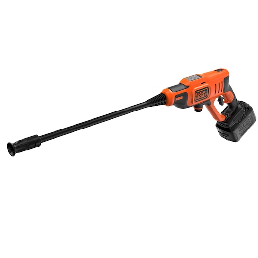 BLACKDECKER BCPC20D1 cordless pressure washer, orange and black, side angle on white background.
