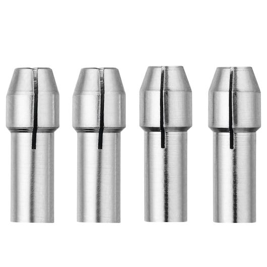 BLACKDECKER BCRT8K35 set of four silver metal rotary tool collets, front view on white background.