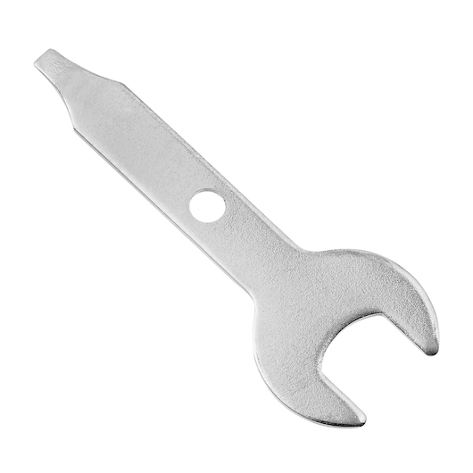 BLACKDECKER BCRT8K35 silver combination wrench with open end and flathead tip, product photography on white background.