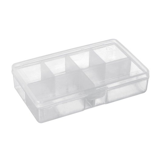 BLACKDECKER BCRT8K35 clear plastic organizer box with compartments, angled view on white background.