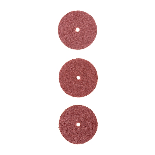 BLACKDECKER BCRT8K35 set of three round brown sanding discs with center holes, top view, white background.