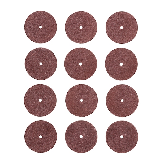 BLACKDECKER BCRT8K35 set of twelve brown abrasive cutting discs, top view on white background.