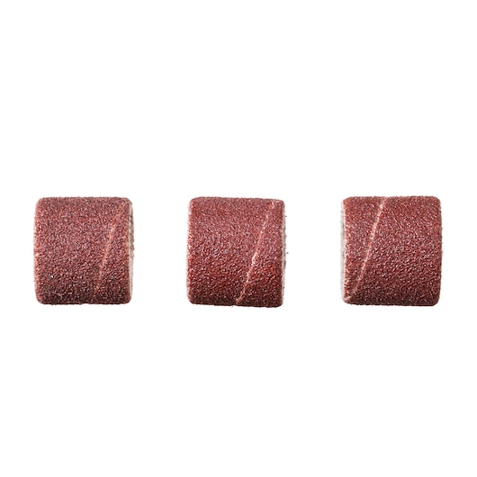 Photo of three BLACKDECKER BCRT8K35 brown cylindrical sanding bands on white background, front angle.