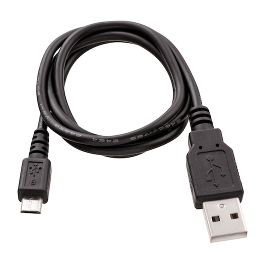 BLACKDECKER BCRT8K35 black USB to micro USB cable for photography, top view on white background.