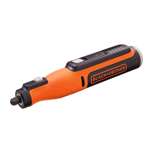 Photo of BLACK+DECKER BCRT8K35 orange and black cordless rotary tool, angled on white background.