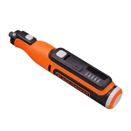 BLACK+DECKER BCRT8K35 orange and black cordless screwdriver with side view showing power button and LED battery indicator.