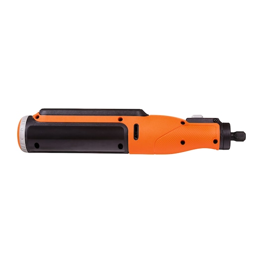 Photo of BLACKDECKER BCRT8K35 cordless orange and black electric screwdriver, side view, on white background.