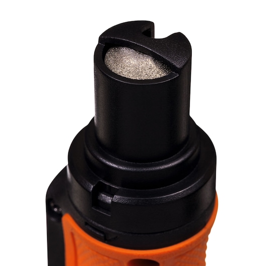 Close-up photo of BLACKDECKER BCRT8K35 rotary tool attachment in black and orange, showing textured handle and metal tip.