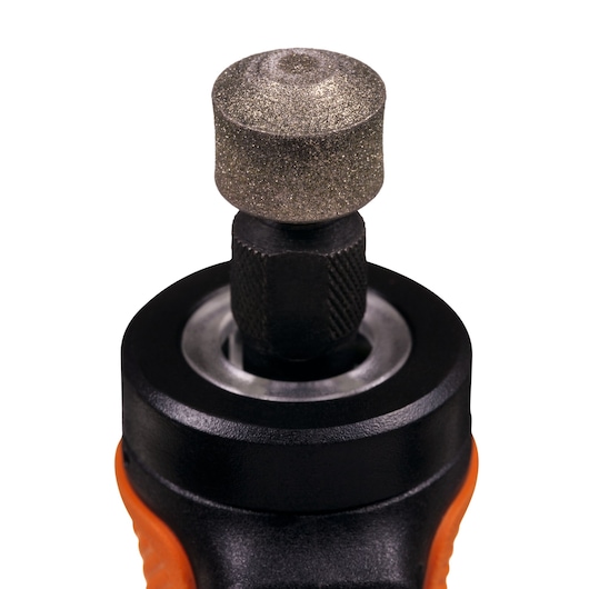 BLACKDECKER BCRT8K35 rotary tool with grinding stone attachment, close-up on white background.