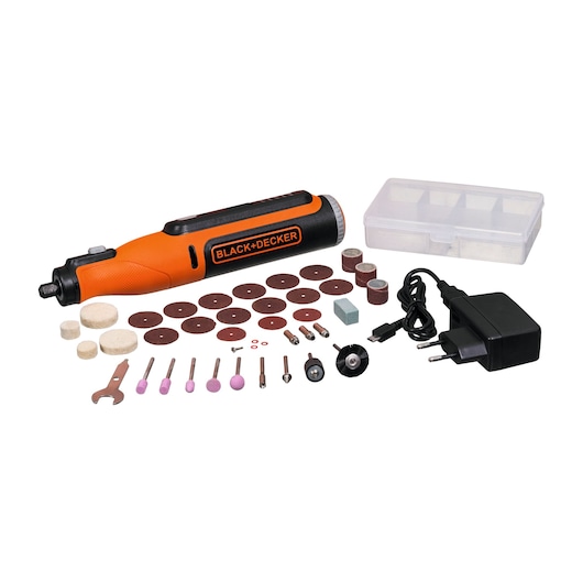 BLACK+DECKER BCRT8K35 rotary tool kit with orange and black tool, multiple accessories, charger and storage case, front angle.