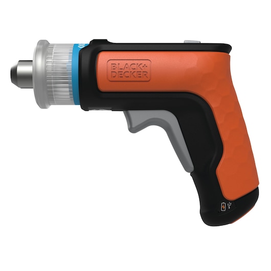 BLACKDECKER BCRTA601I orange and black rechargeable screwdriver side view, white background.