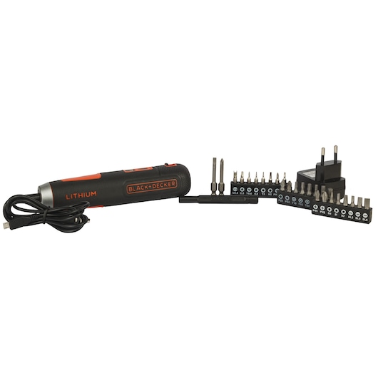 BLACKDECKER BD40K27 cordless screwdriver kit with lithium battery, multiple bits, charger, front angle.