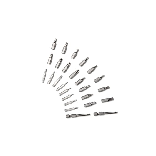 BLACKDECKER BD40K27 silver screwdriver bit set photography, top view, bits arranged in arc on white background.