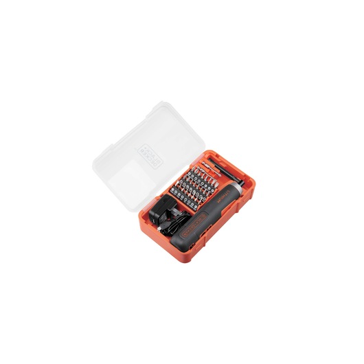 BLACKDECKER BD40K27 cordless screwdriver set with multiple bits and charger in orange case, top angle.