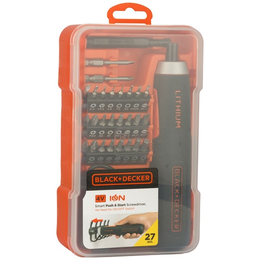 BLACK+DECKER BD40K27 smart push & start screwdriver kit with 27 accessories, photo of front view in packaging.