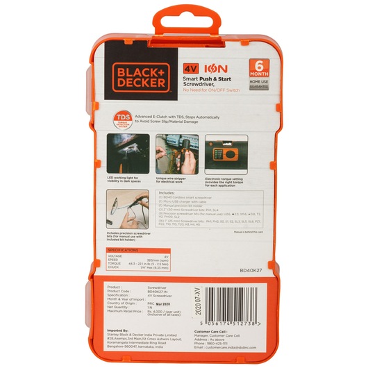 Photo of BLACK+DECKER BD40K27 4V cordless smart screwdriver kit packaging, rear view showing features and specifications.