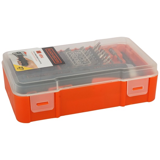 BLACKDECKER BD40K27 tool kit in orange plastic case with transparent lid, angled photo on white background.