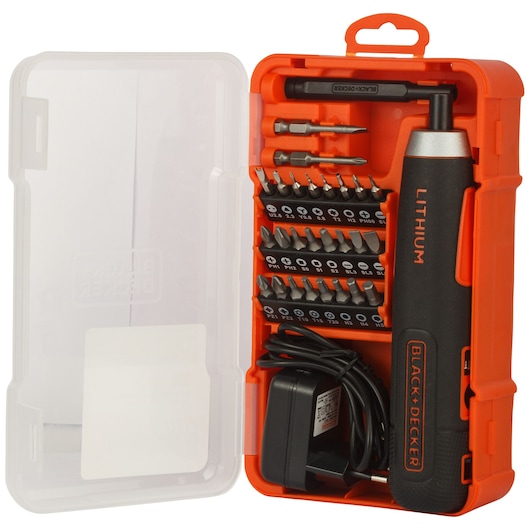 BLACK+DECKER BD40K27 cordless screwdriver kit with bits, charger, and orange plastic case, front angle.