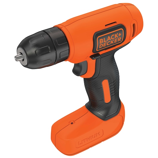 BLACK+DECKER BDCD8C orange cordless drill, side angle, featuring black grip and lithium battery.