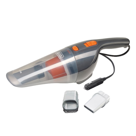 BLACKDECKER BDCV370-LA handheld vacuum cleaner with car adapter, brush and nozzle attachments, side angle on white.