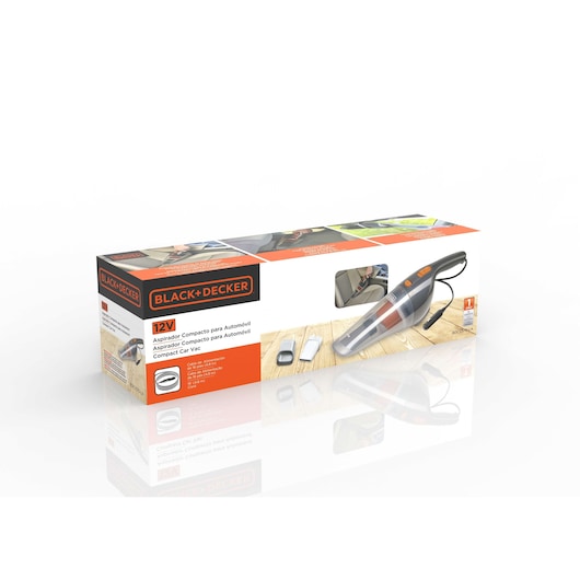 BLACK+DECKER compact car vacuum cleaner 12V in its packaging. The box features images of the vacuum cleaner and accessories, with product information in multiple languages.