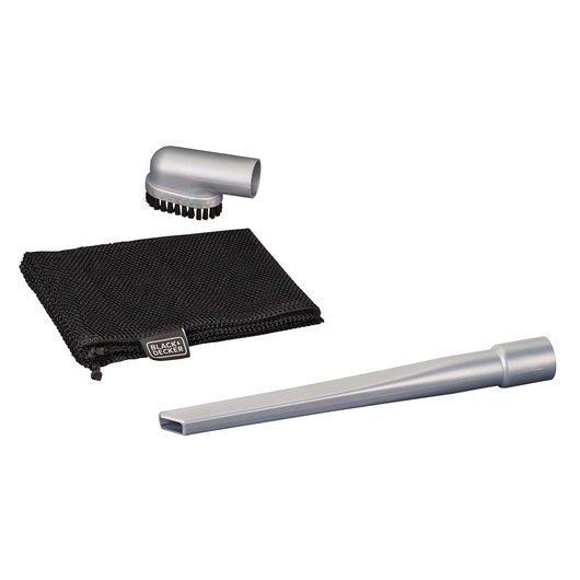 BLACK+DECKER BDCV560F-LA vacuum accessory kit with brush attachment, crevice tool, and black mesh bag, front view.