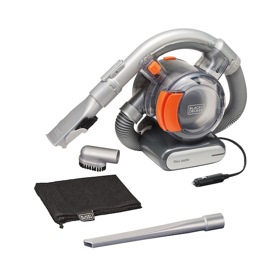 Photo of BLACK+DECKER BDCV560F-LA portable car vacuum with hose, crevice tool, brush, and carrying bag, side angle.