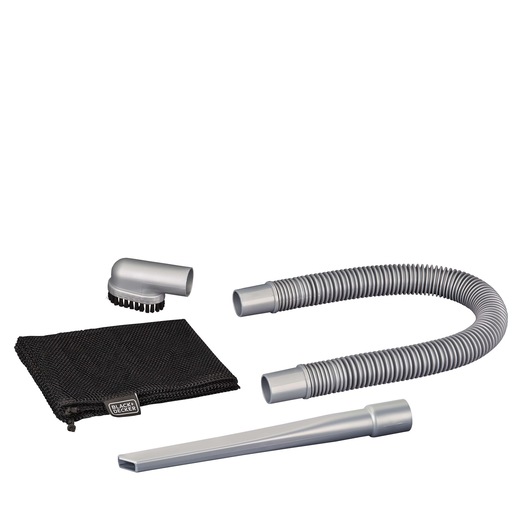 BLACKDECKER BDCV610-LA vacuum accessory kit with flexible hose, crevice tool, brush head, and black storage bag, front angle.