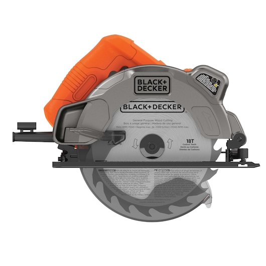 BLACK+DECKER BDECS300C circular saw with orange handle and 18T carbide blade, side view on white background.