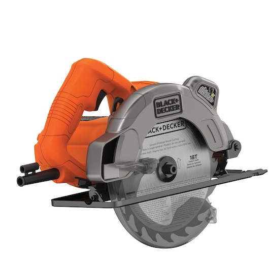Photo of BLACKDECKER BDECS300C circular saw, orange and silver, side angle on white background.