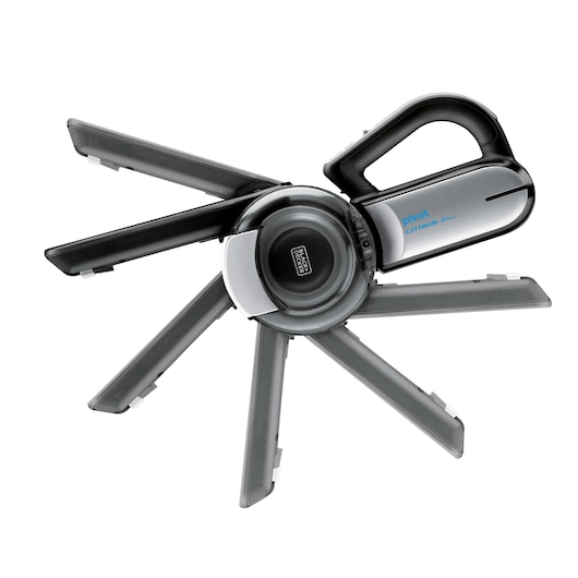 BLACKDECKER BDH2000PL handheld vacuum with pivoting nozzle, silver and black, shown in multiple angle positions, white background.
