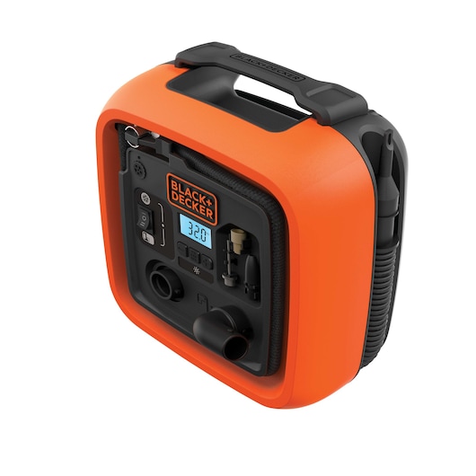 BLACK+DECKER BDINF12C portable air inflator with digital display, orange casing, front angle.