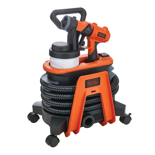 Photo of BLACKDECKER BDPH1200 portable paint sprayer with hose, orange and black, front angle on white background.