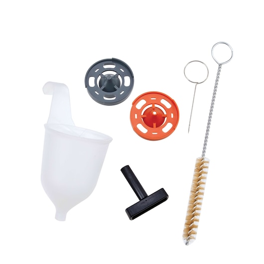 BLACKDECKER BDPH1200 photography kit with funnel, two nozzles, cleaning brush, black tool, and metal needle on white background.
