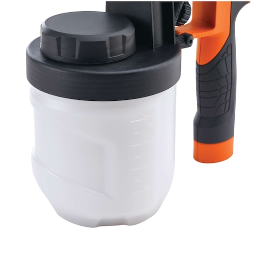 BLACKDECKER BDPH1200 paint sprayer close-up with white removable container, black lid, orange and black handle, side angle.