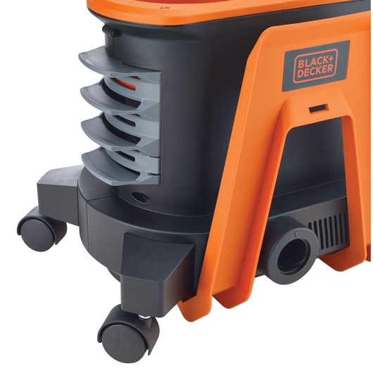 BLACK+DECKER BDPH1200 orange and black photography equipment base with wheels, side vent detail, studio angle