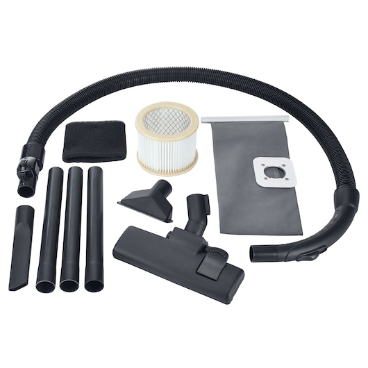 BLACKDECKER BDWD10 vacuum cleaner accessory kit with hose, filters, attachments, and extension tubes, top view.