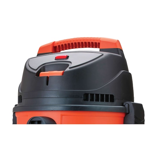 Close-up photo of BLACKDECKER BDWD10 wet and dry vacuum cleaner top with orange handle and black body, front angle.