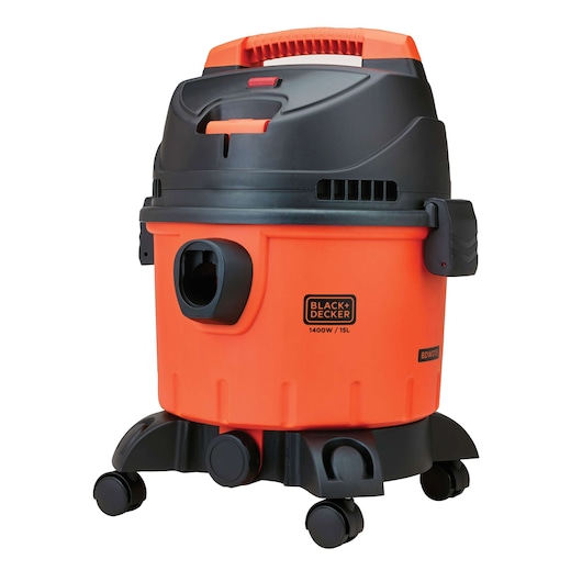 BLACKDECKER BDWD15 wet and dry vacuum, orange and black body, front angle on white background.