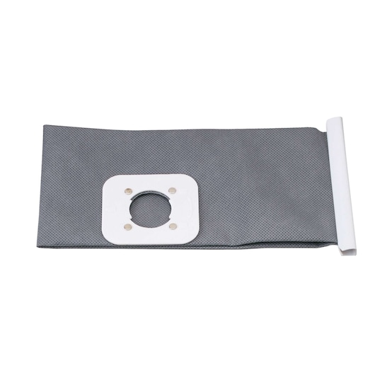 BLACKDECKER BDWD15 gray vacuum dust bag with white mounting ring, front angle, photography.