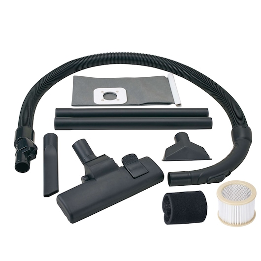 BLACKDECKER BDWD20 vacuum accessory set with hose, filters, extension tubes, and nozzle attachments, front view.