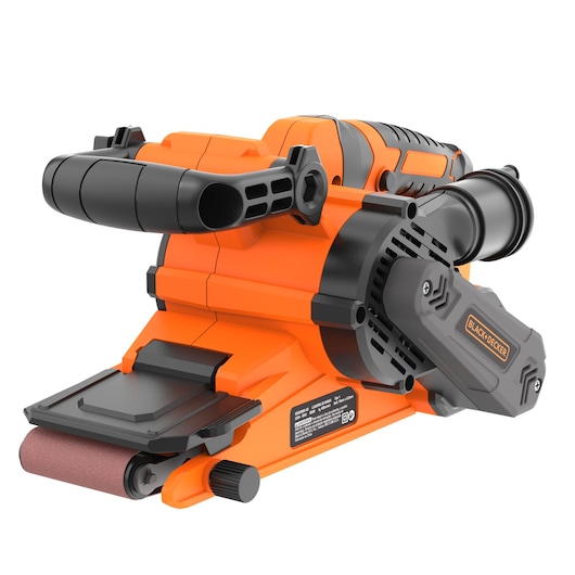 BLACK+DECKER BEBS0900 orange and black belt sander, front angle, with ergonomic handle and dust collection port.