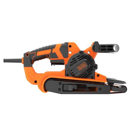 BLACKDECKER BEBS0900 belt sander, orange and black, left-side view, power cord visible.