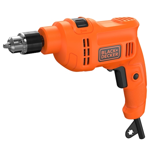 BLACKDECKER BED710450-BR orange corded electric drill with key chuck, side view on white background.