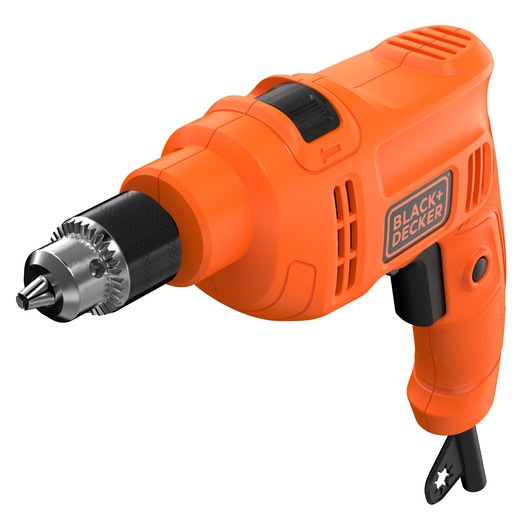 Photo of BLACKDECKER corded orange electric drill BED710450-BR, side angle on white background.
